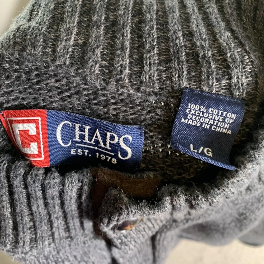 Chaps Sweater Mens Large Gray Henley Mock Neck Elbow‎ Patch Cotton Knit Pullover